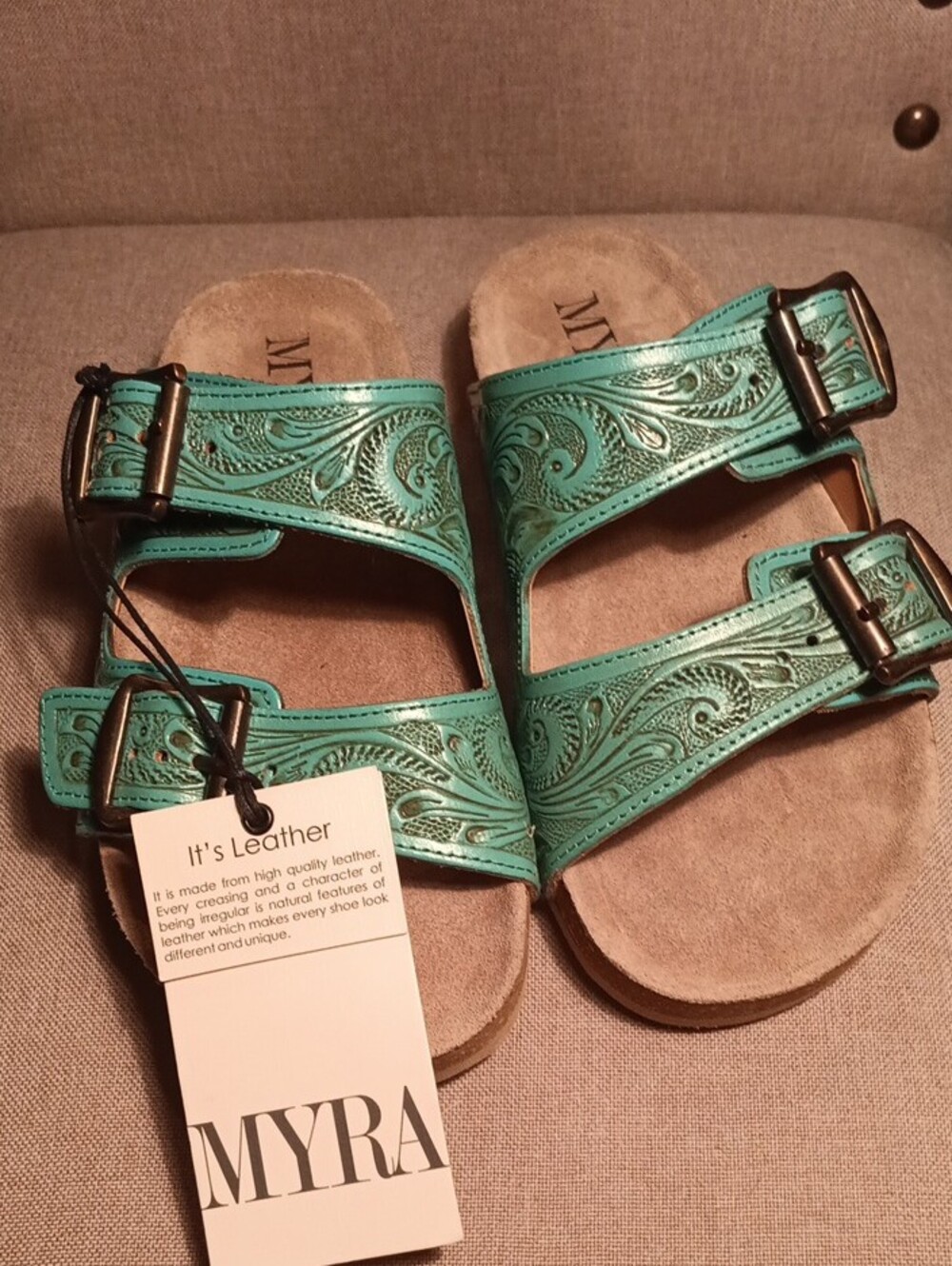 Myra Bag Hand-tooled Turquoise Embossed Leather Double-Buckle Sandals. - Picture 5 of 5